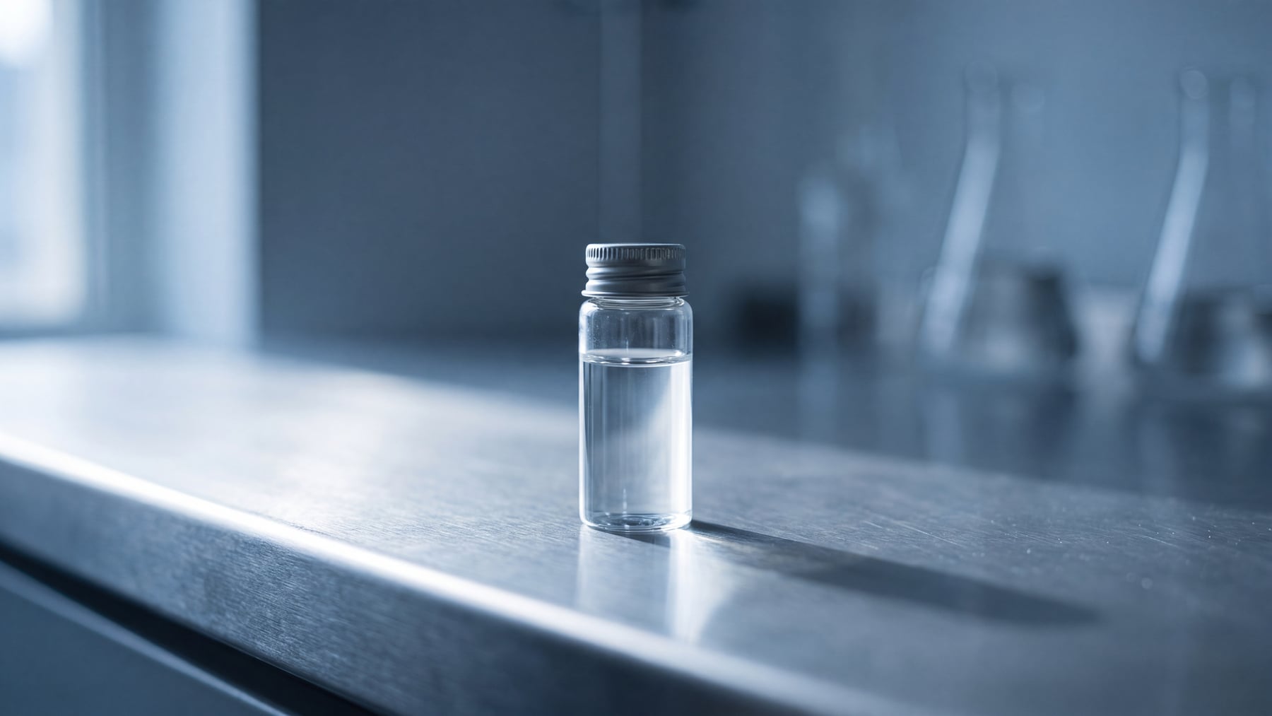 A small unlabeled clear glass vial with a silver screw cap on a steel counter by a bright window, illustrating an article on compounded peptides BPC-157 and KPV.