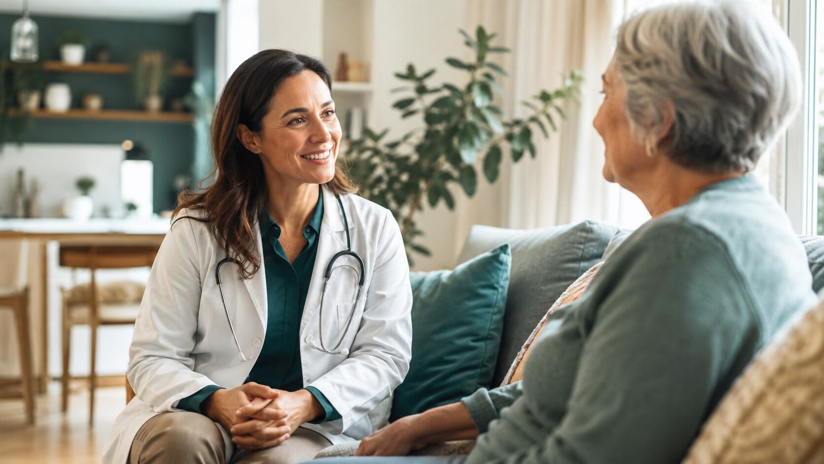 Physician visiting an older adult patient at home in a comfortable living room — direct primary care house call in Gainesville, FL.