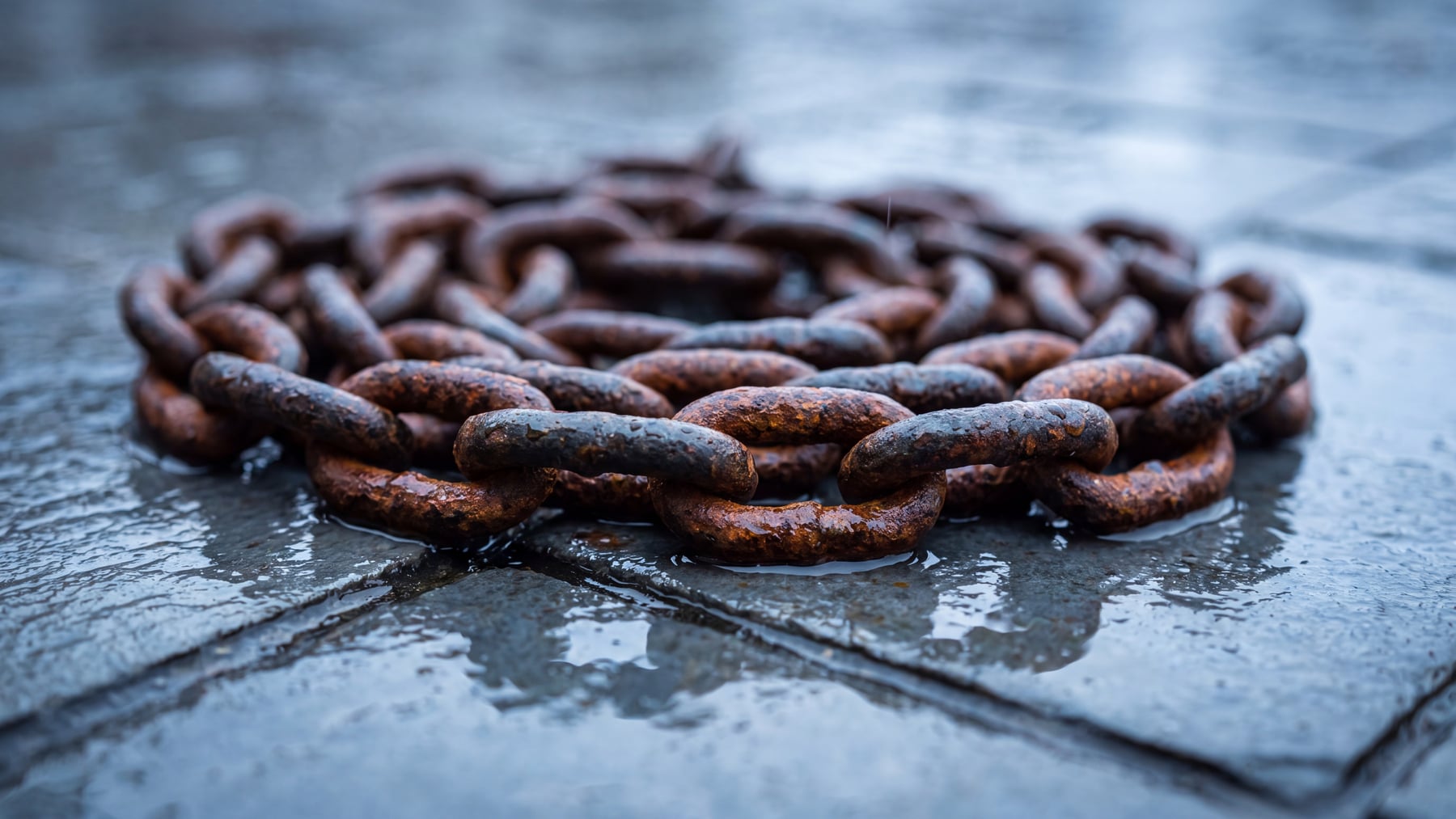 A rusted iron chain coiled in a shallow pool of rainwater on grey flagstones, illustrating the unchecked iron accumulation of hereditary hemochromatosis.