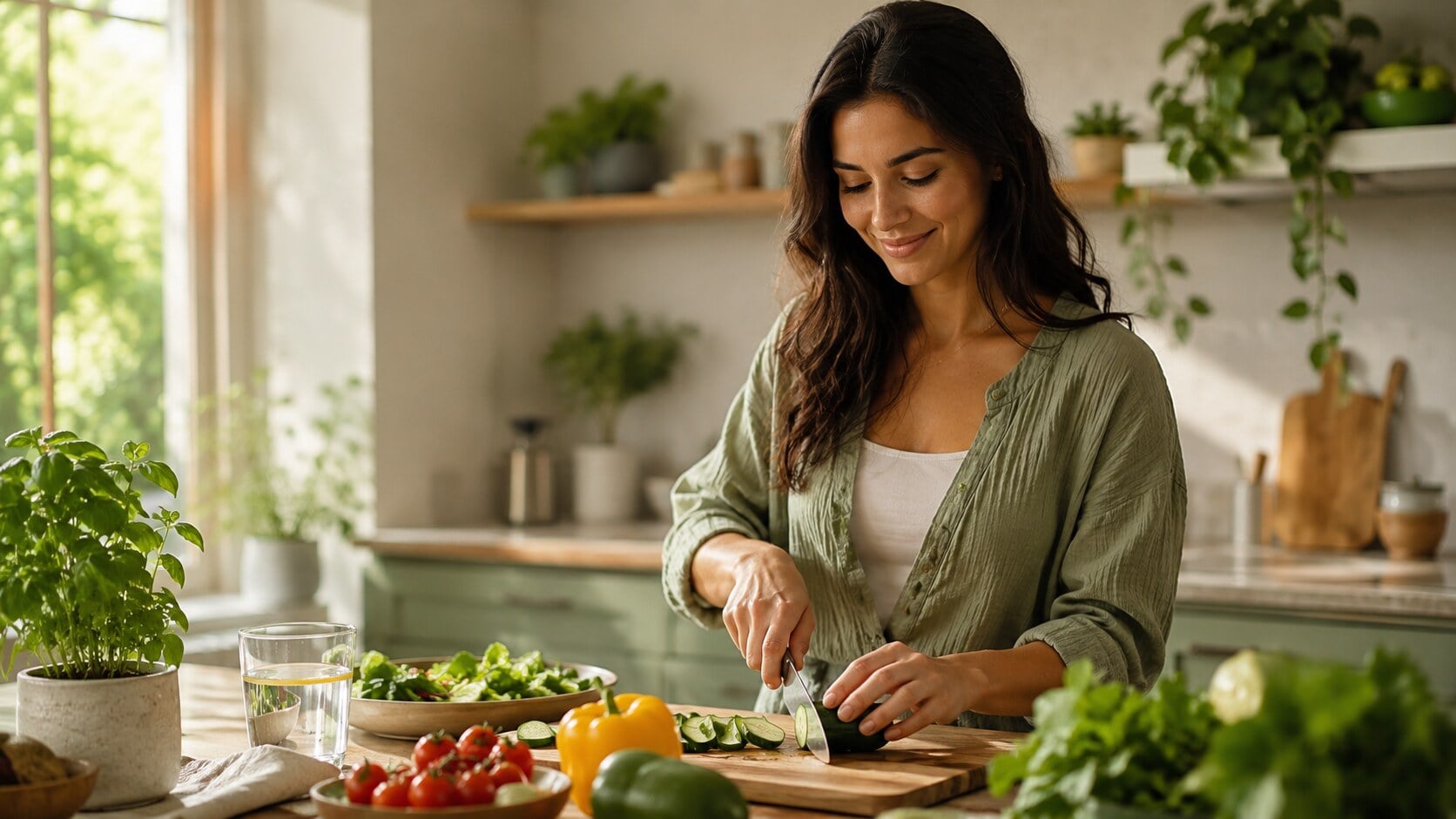 Woman preparing a fresh vegetable meal in a sunlit kitchen — whole-person, lifestyle-focused integrative medicine in Gainesville, FL.