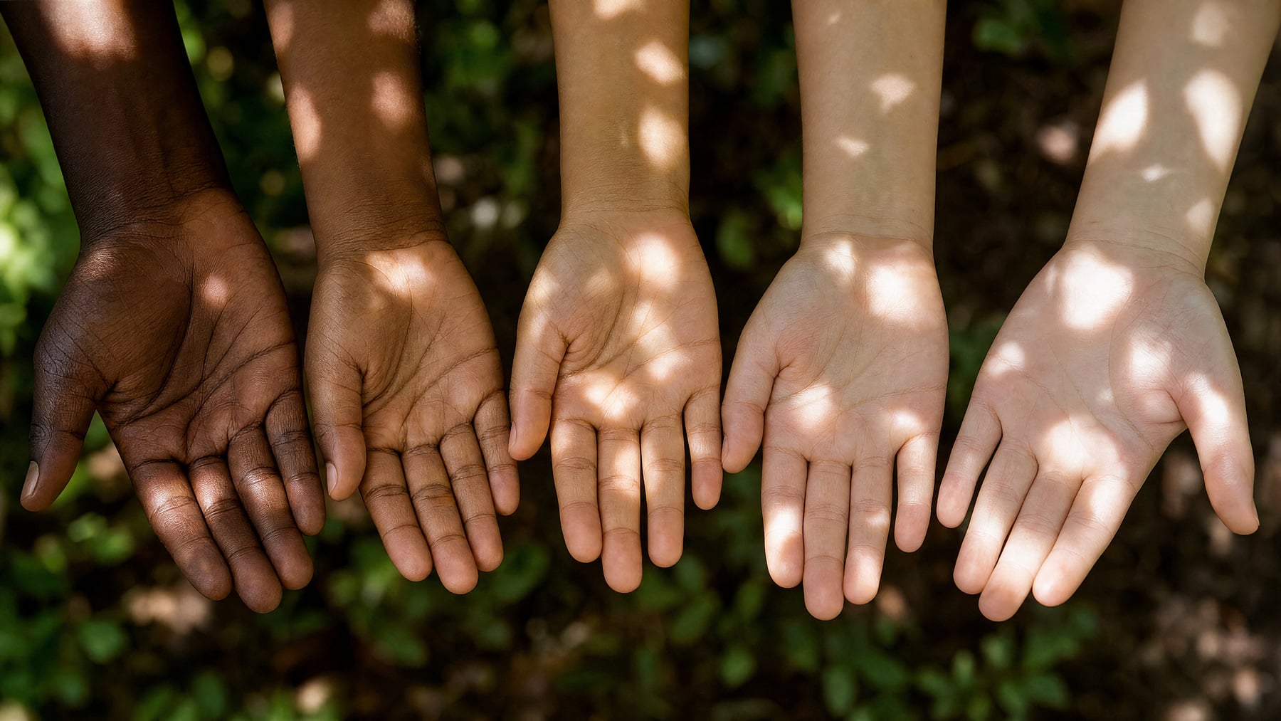 Five open hands of different skin tones held palm-up side by side in dappled sunlight, accompanying an article on melanin and vitamin D testing.