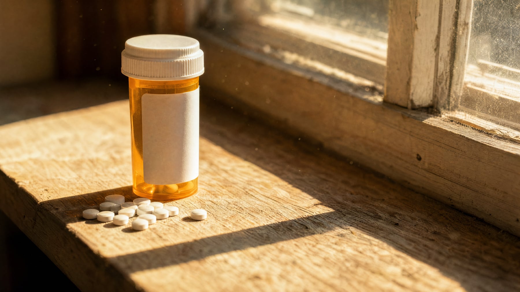 An amber prescription vial with a blank white label on a sunlit wooden windowsill, plain white tablets scattered beside it in a hard shaft of light, illustrating how photosensitizing medications turn ordinary sun into a burn.