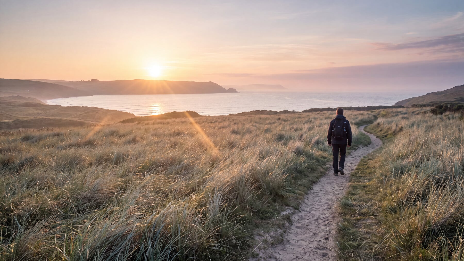 hA walker on a sandy dune path at sunrise above a wide bay, sun starburst low on the horizon, illustrating the link between sunlight and nitric oxide.