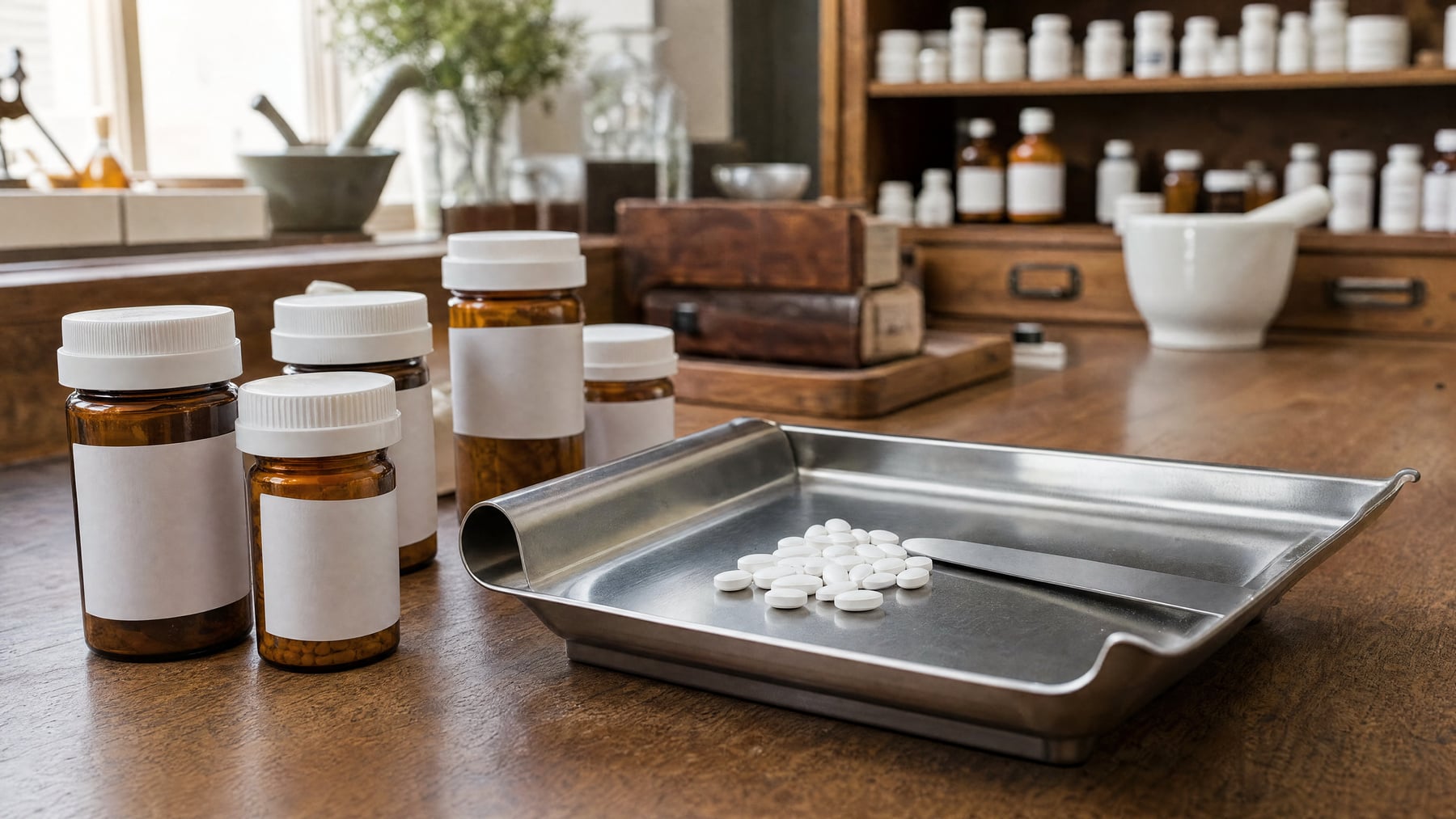 Amber prescription vials with blank labels beside a stainless pill-counting tray of plain white generic tablets on a wooden dispensing counter, illustrating transparent medication pricing.