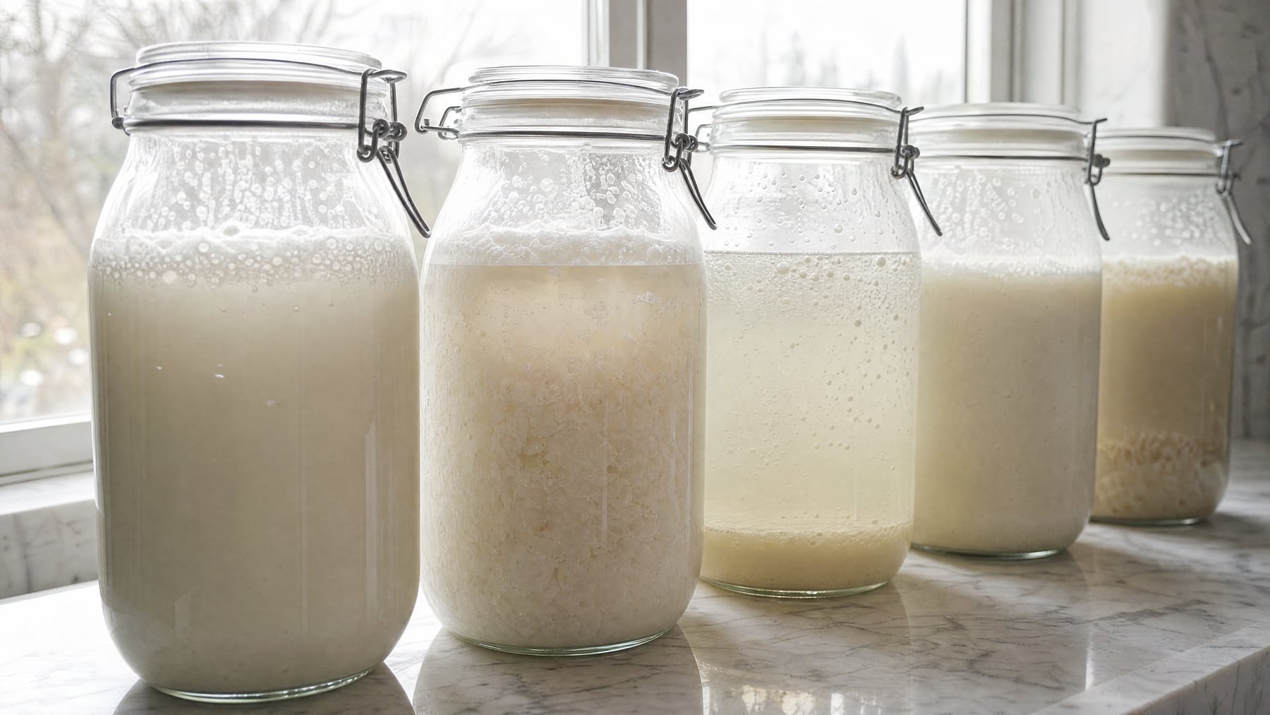 Five glass fermentation jars of cloudy cultured liquid backlit on a marble counter, illustrating an article on vaginal Lactobacillus and lactic-acid-producing communities.