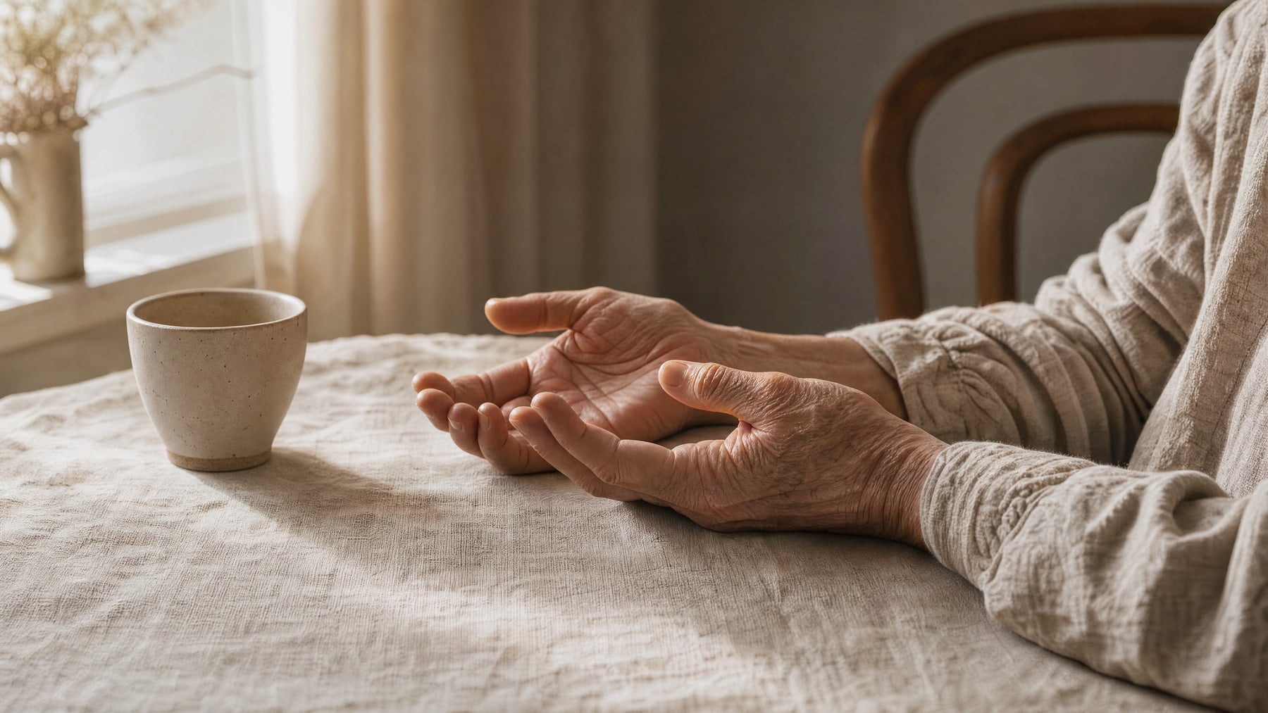 An older person's hands resting open and unclenched on a linen tablecloth beside a ceramic cup in soft morning light, accompanying an article on vagus nerve stimulation for rheumatoid arthritis.
