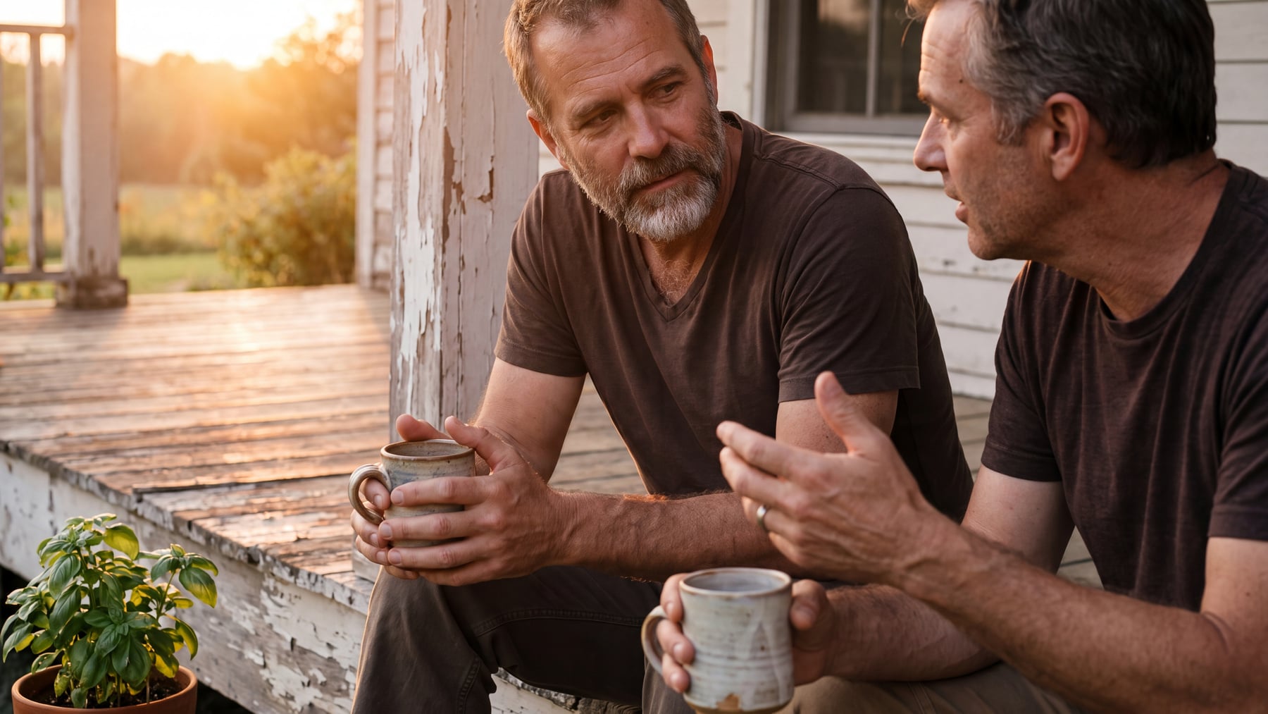 Two men in their fifties talking quietly on the steps of an old porch at sunset, coffee mugs in hand, illustrating how male depression is recognised and discussed.