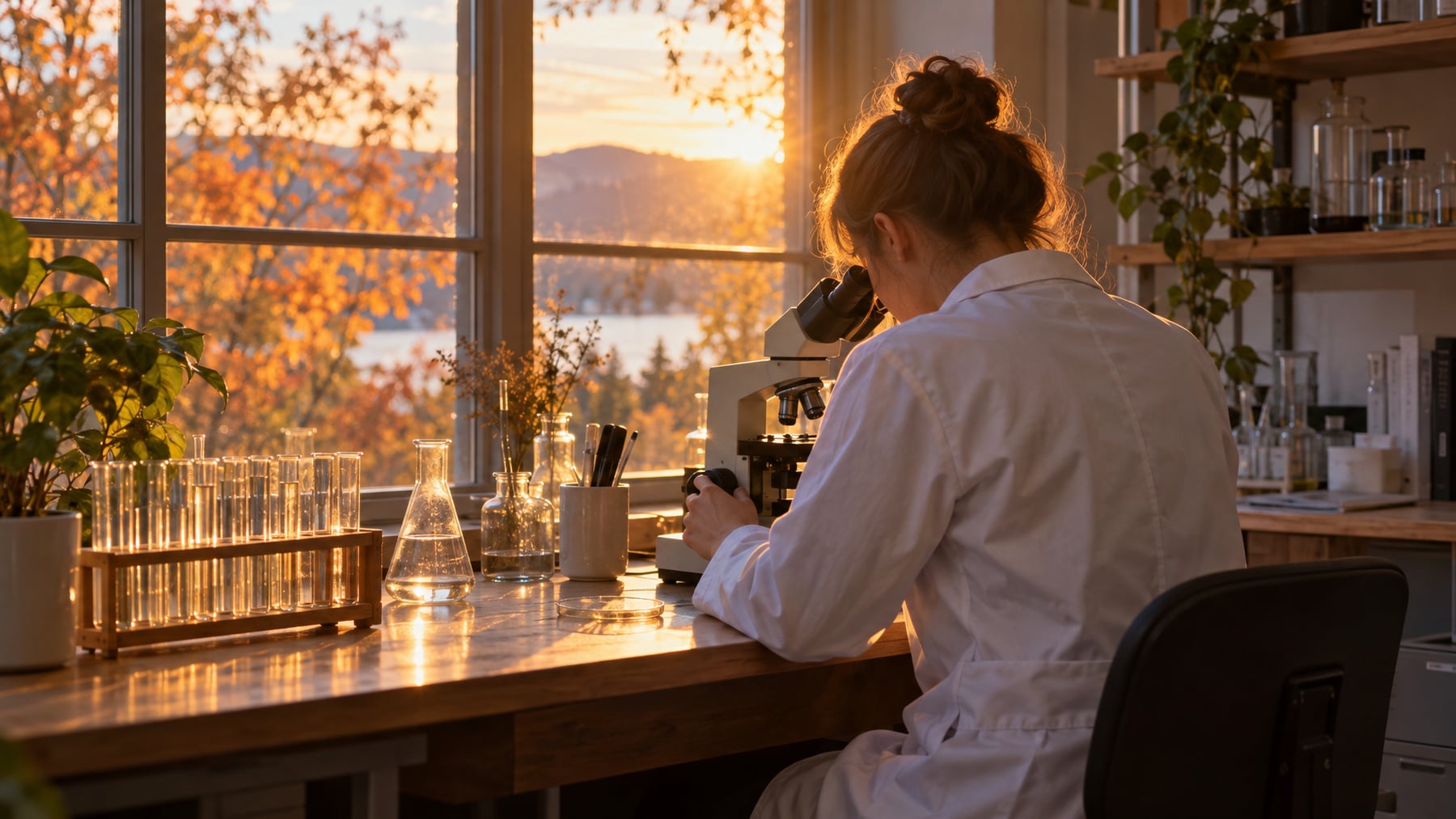 A researcher in a white lab coat, seen from behind, looks into a microscope at a sunlit laboratory bench, illustrating the evidence on antiparasitic drugs for cancer.