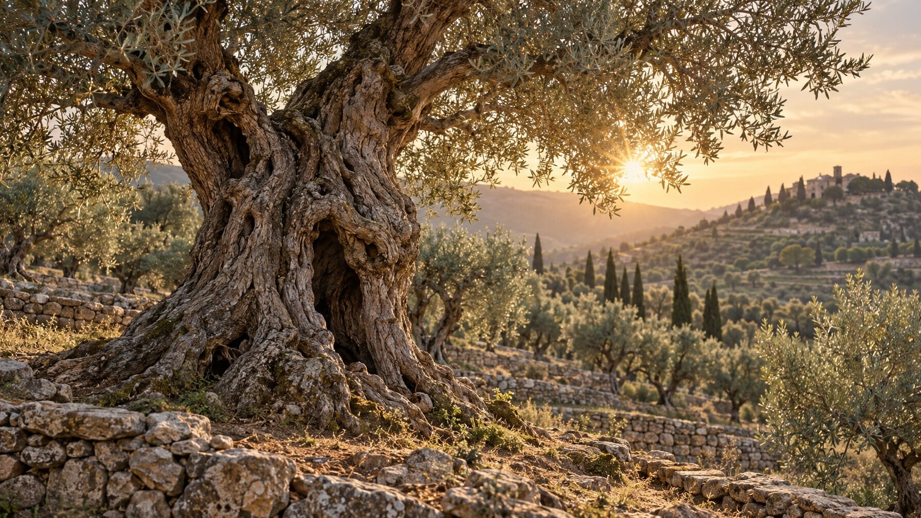 An ancient olive tree with a twisted, hollowed trunk and gnarled roots above a dry-stone terrace at sunset, a symbol of senescent cells that age but refuse to leave