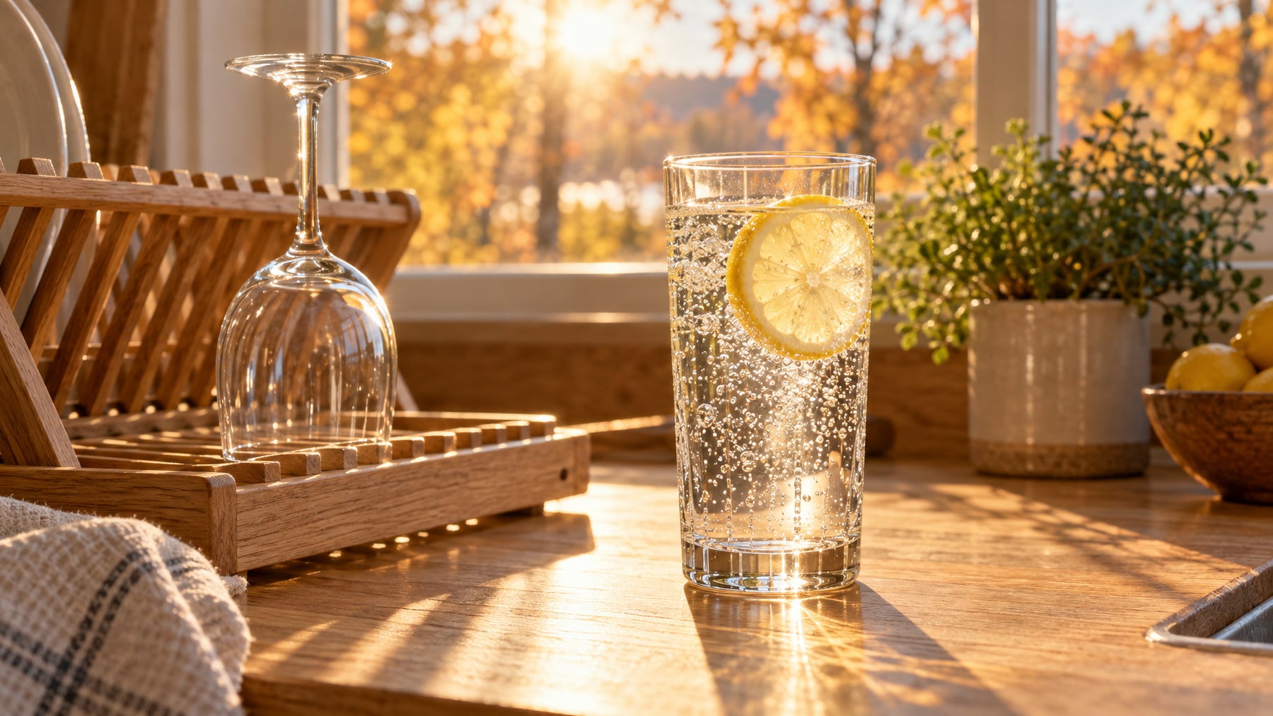 An empty wine glass turned upside down on a wooden drying rack beside a sparkling water with a lemon slice in autumn morning sun, illustrating choices about alcohol and breast cancer risk.