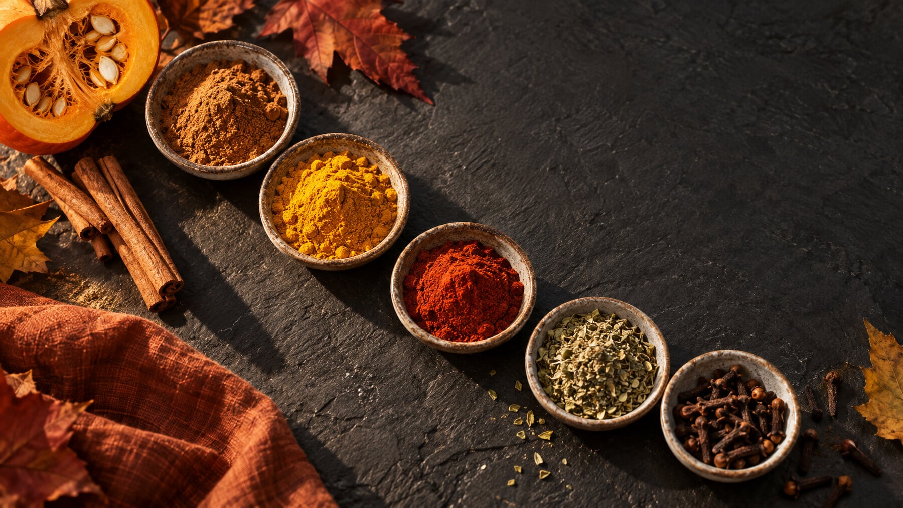 Five small ceramic bowls of cinnamon, turmeric, paprika, dried oregano, and whole cloves in a diagonal line on dark slate with autumn leaves, a halved pumpkin, and cinnamon sticks, illustrating antioxidant spices.