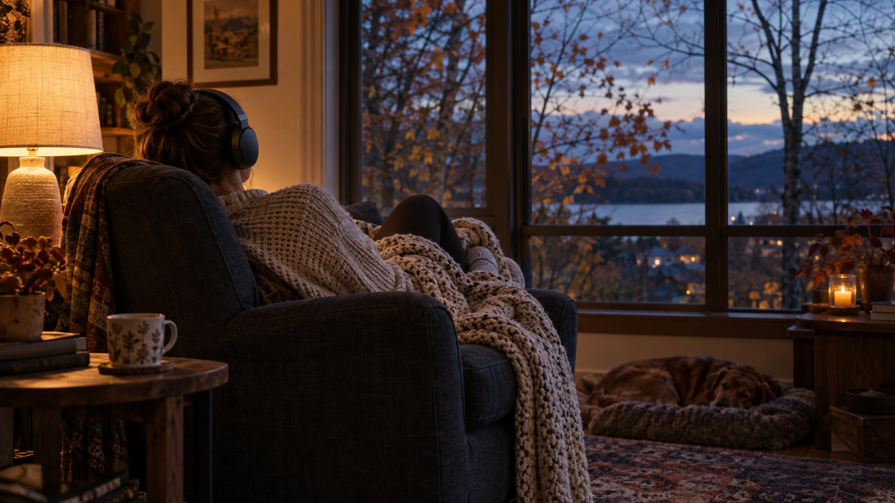 A woman wearing over-ear headphones reclines in an armchair under a knit blanket beside a window at autumn dusk, seen from behind, listening to binaural beats to wind down.