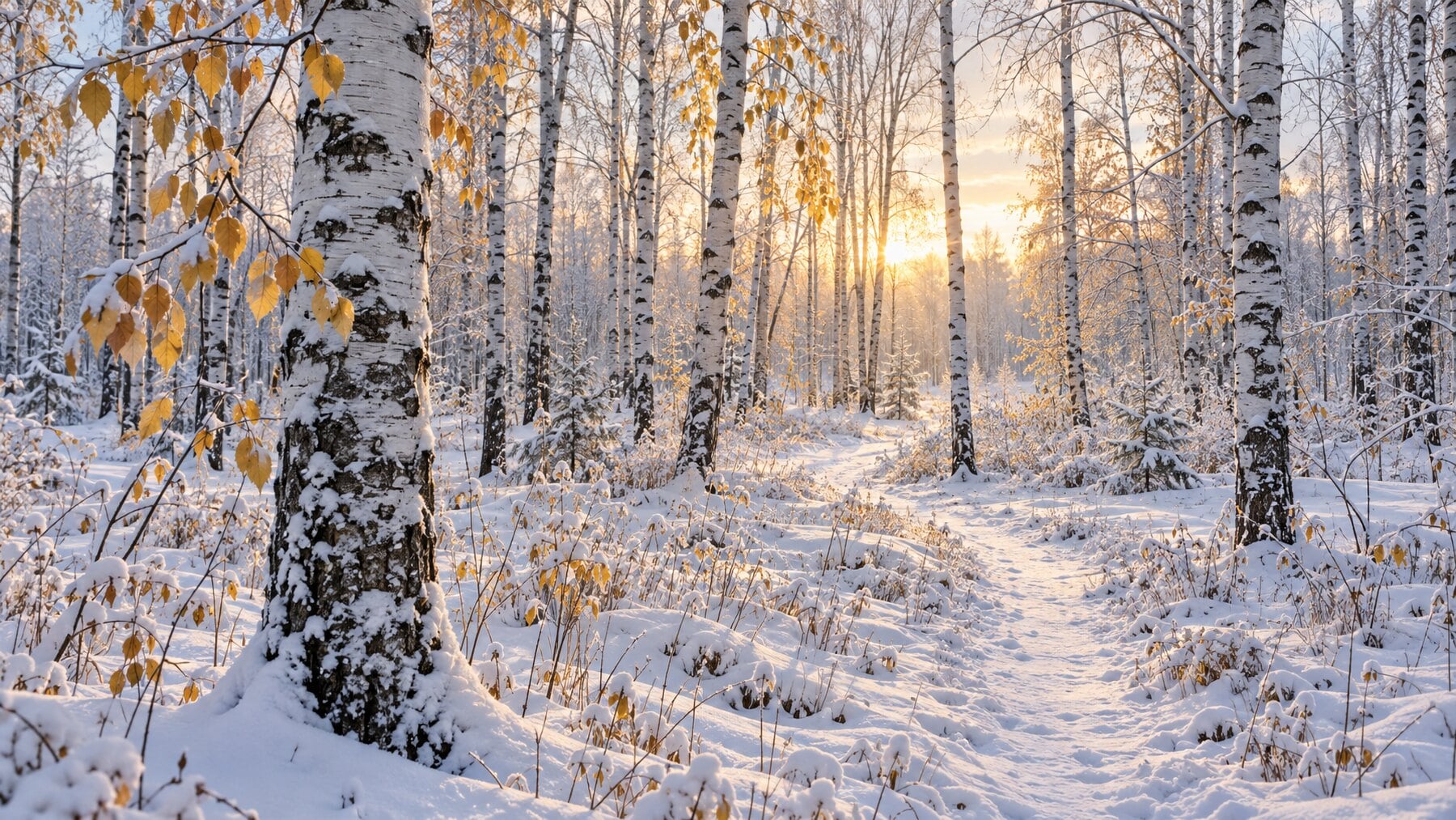 White birch trunks nearly vanishing against fresh snow at sunrise in a late-autumn forest, a visual metaphor for how breast density can hide a tumor on a mammogram.