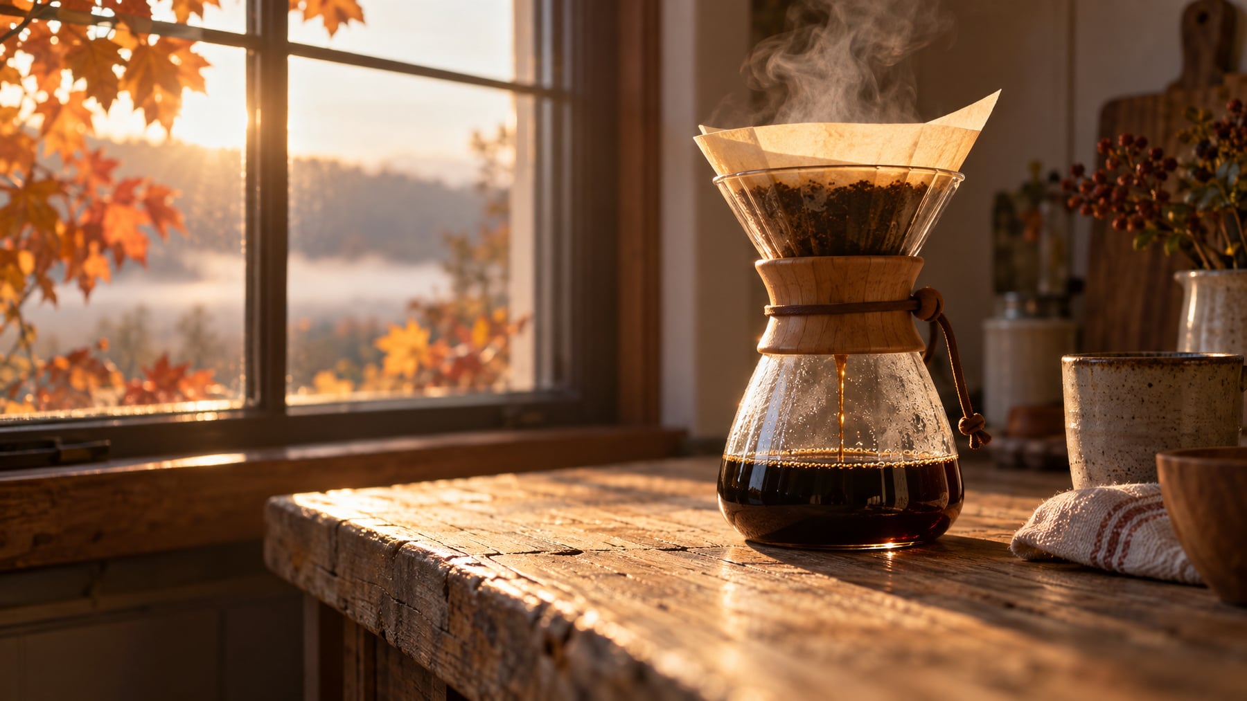 A glass pour-over coffee maker brewing dark coffee on a weathered wooden counter beside a sunlit autumn window, a warm morning scene for an article on coffee and liver health.