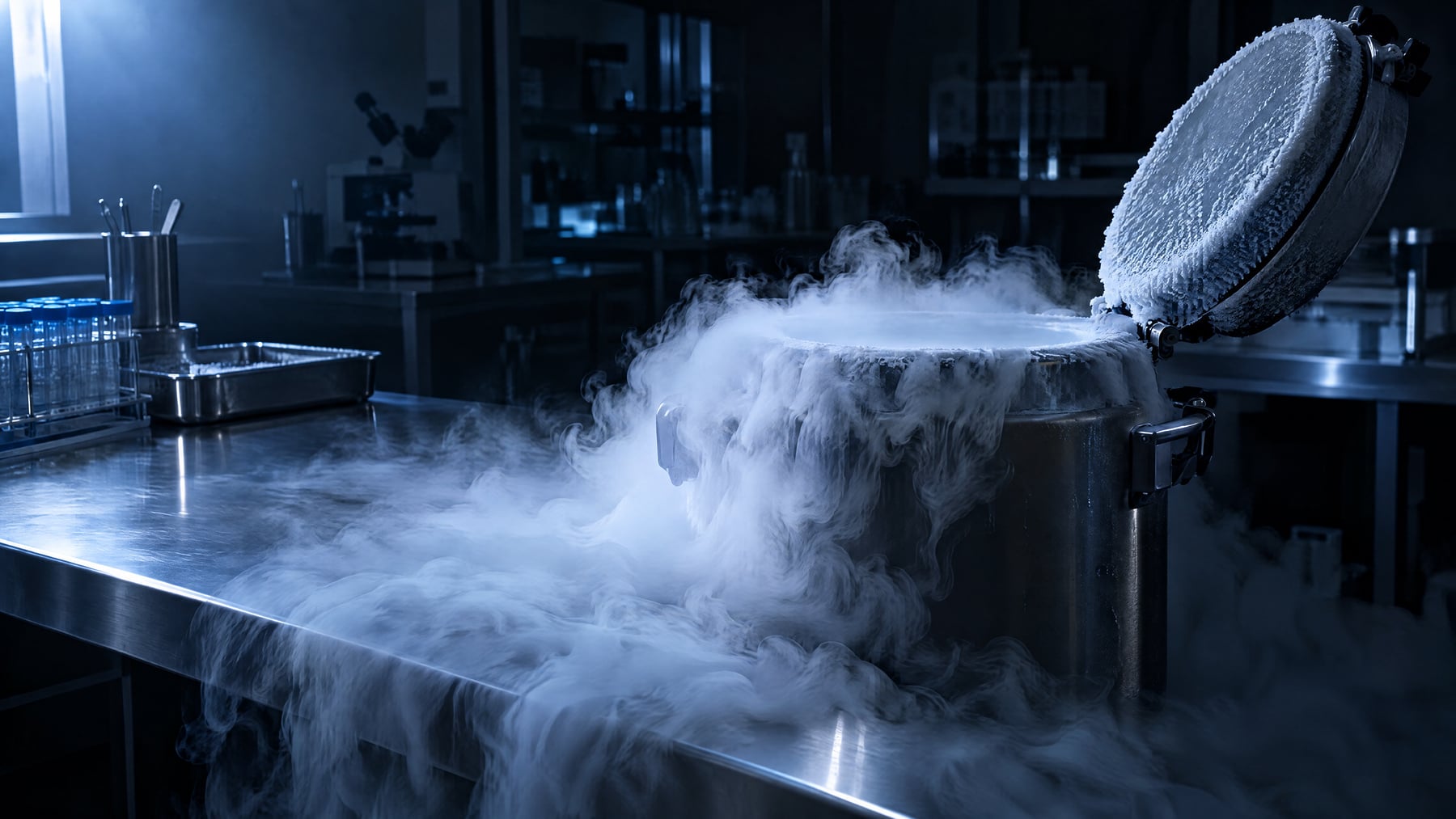 An open cryogenic storage vessel pouring white vapor across a stainless steel laboratory bench in cold blue light, illustrating how cord blood stem cells are banked.
