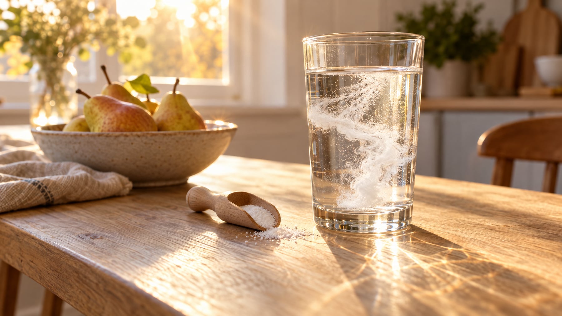 A glass of water with white powder swirling as it dissolves beside a small wooden scoop on a sunlit oak table, illustrating creatine for the brain as a simple daily supplement.