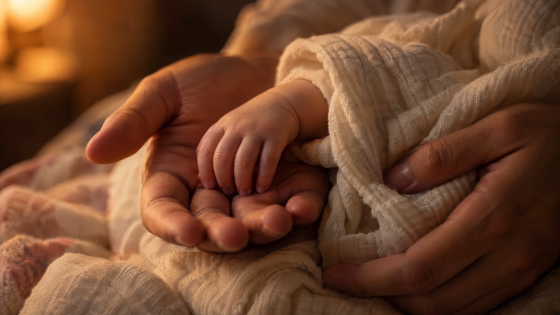 A tiny infant hand resting in an adult's open palm, wrapped in cream muslin under warm lamplight, accompanying an article on delayed cord clamping.