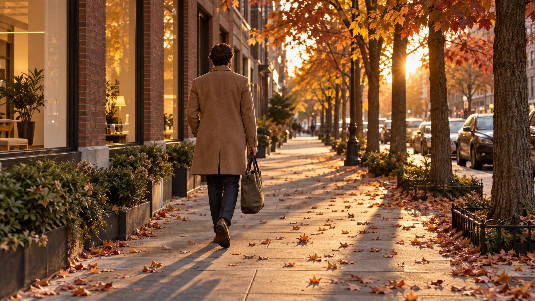 A man in a camel overcoat carrying a canvas tote walks down a leaf-strewn city sidewalk at golden hour, seen from behind, evoking the unhurried access of direct primary care for employers.