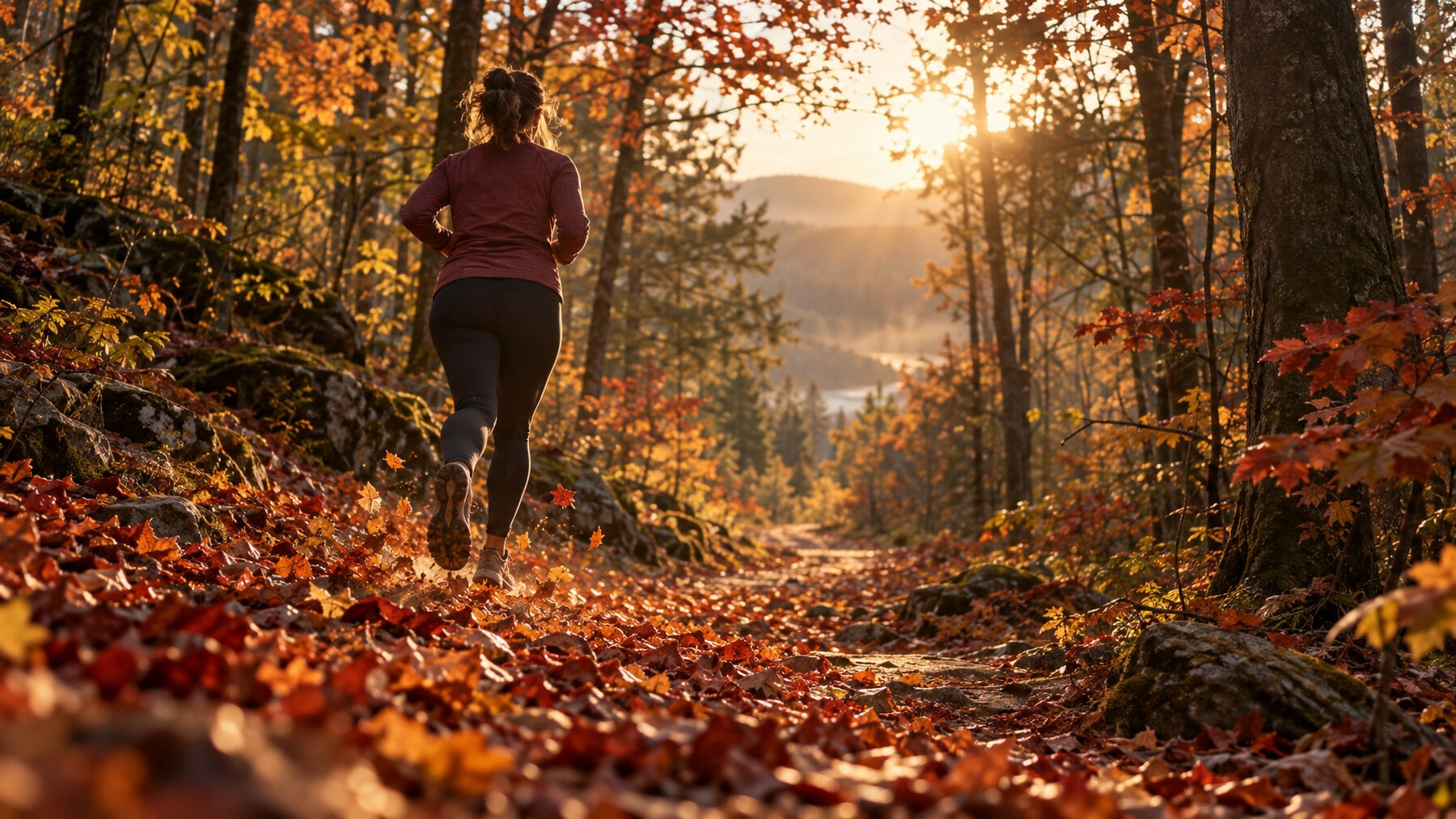 A woman jogging away from the camera on a leaf-covered woodland trail at golden sunrise, illustrating exercise for depression.