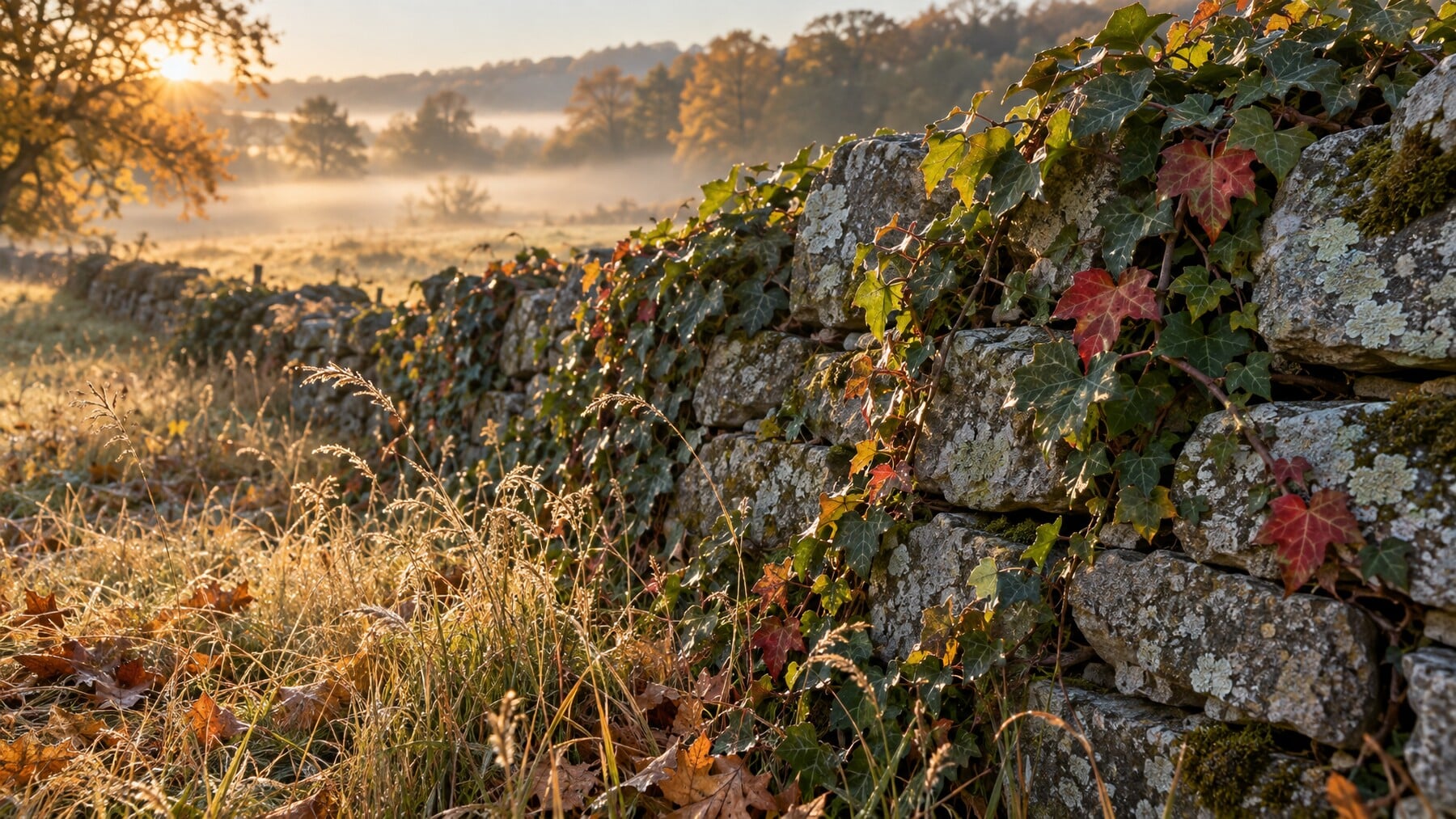 Ivy slowly overtaking an old lichen-covered dry-stone wall in a misty autumn meadow at sunrise, illustrating the silent scarring the FIB-4 index can detect.