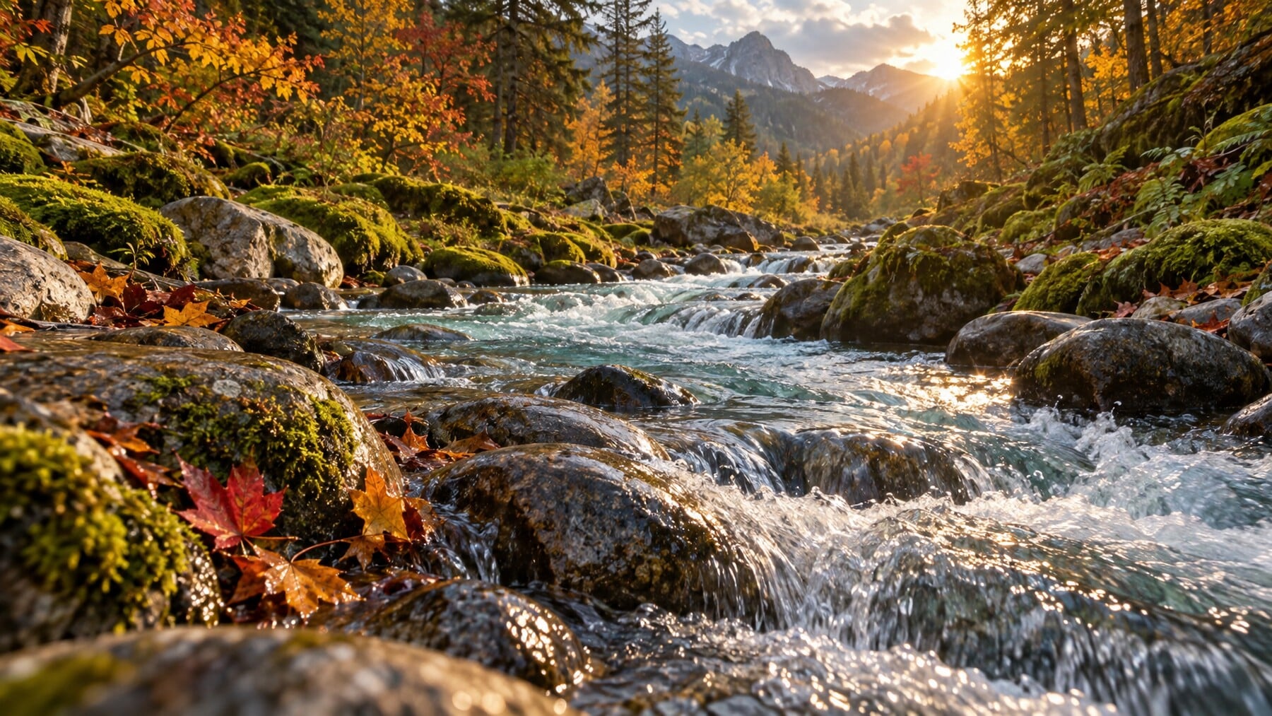 A clear mountain stream rushing over mossy boulders and red maple leaves toward a golden autumn sunset, a symbol of the clean slate a hepatitis C cure can bring.