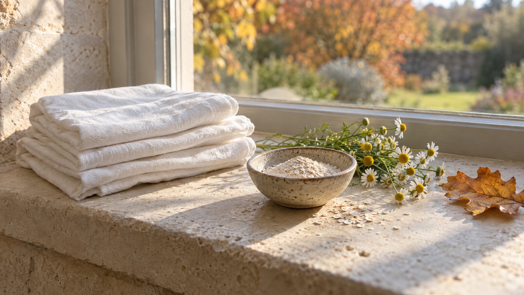 Folded white cotton towels, a speckled bowl of oats, and fresh chamomile on a sunlit limestone windowsill overlooking an autumn garden, for an article on IL-23 in psoriasis.