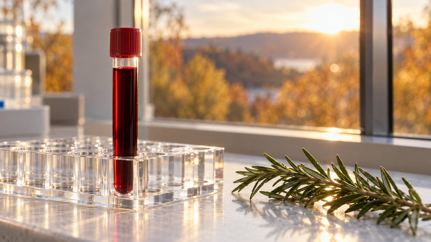 A single capped tube of dark red blood in a clear acrylic rack beside a sprig of rosemary on a sunlit lab counter, illustrating a blood test for lipoprotein insulin resistance.