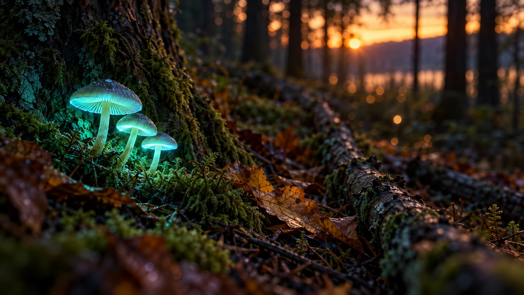 Three small bioluminescent mushrooms glowing blue-green in moss at the base of a tree at sunset, an image for an article on low-dose naltrexone and the brain's microglia.