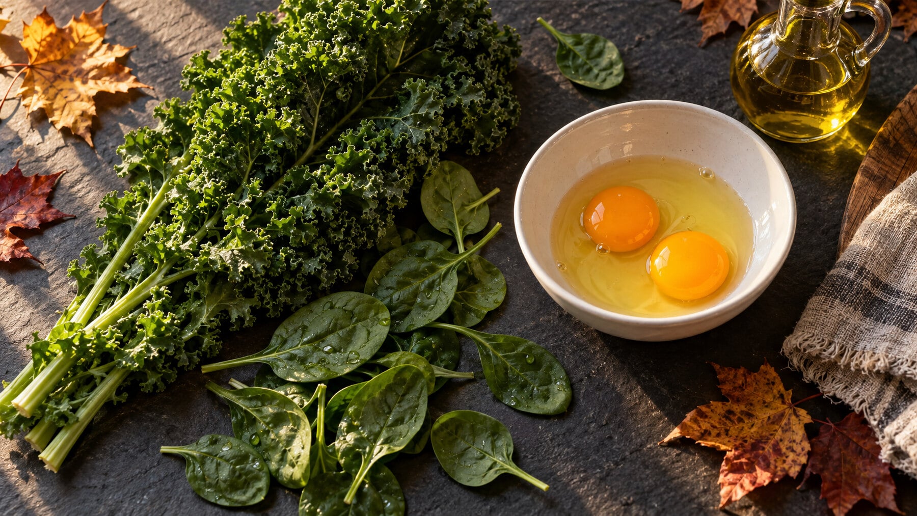 Curly kale, fresh spinach leaves, and a white bowl of two raw eggs with orange yolks on dark slate in warm autumn light, foods rich in lutein and zeaxanthin.