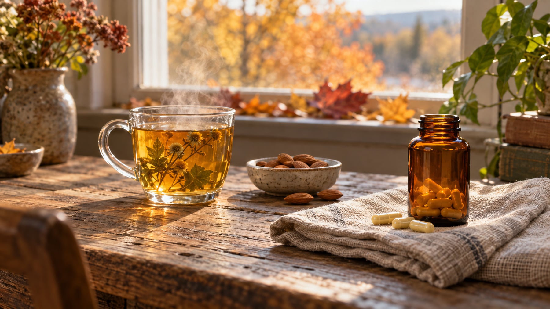 An unlabeled amber glass bottle of pale yellow capsules on a linen cloth beside a glass cup of herbal tea and a bowl of almonds, illustrating magnesium and riboflavin for migraine prevention.