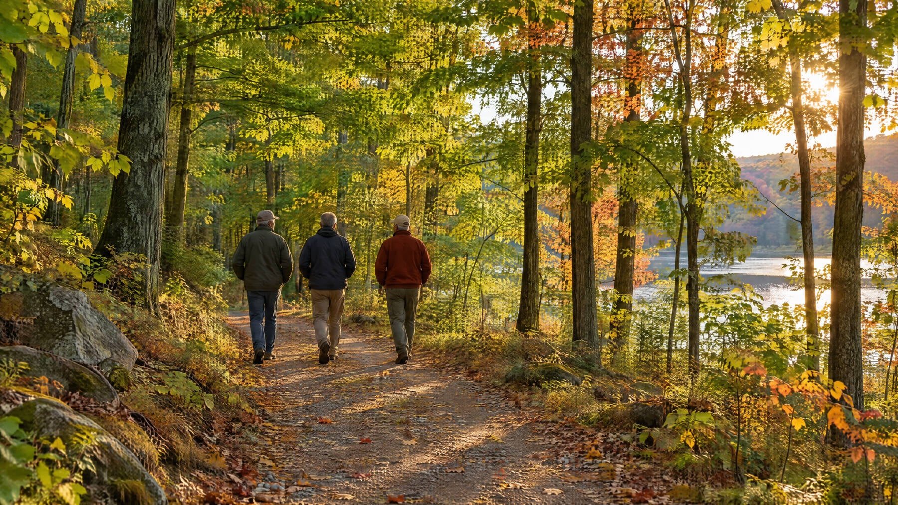 Three men walking side by side on a leaf-covered forest trail beside a lake in early autumn light, illustrating male social connection.