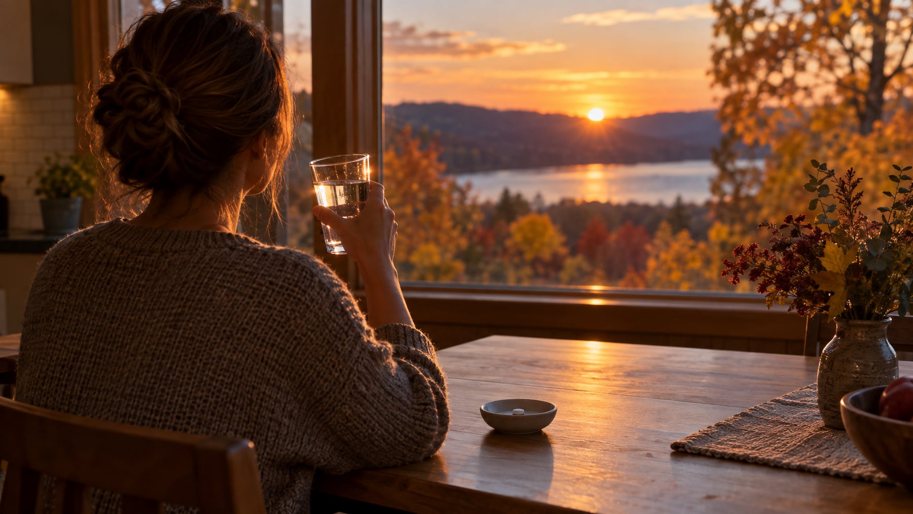 A woman seen from behind at a kitchen table raising a glass of water toward an autumn sunset, a single white tablet in a small dish beside her, illustrating medication timing.