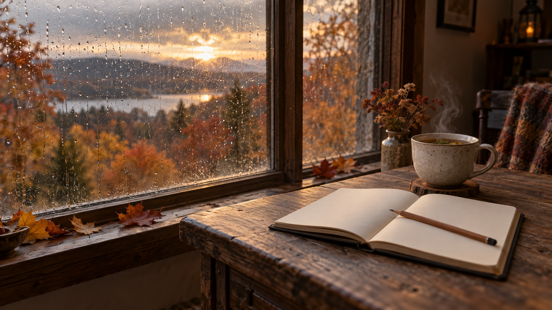 An open blank journal with a pencil and a steaming cup of herbal tea on a rustic wooden desk beside a rain-streaked window overlooking autumn hills, illustrating a diary for tracking migraine triggers.