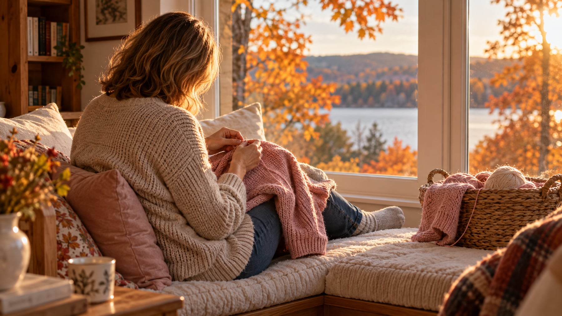 A woman seen from behind in a sunlit window seat mends a blush-pink knitted sweater, a metaphor for the DNA repair behind PARP inhibitors and BRCA.