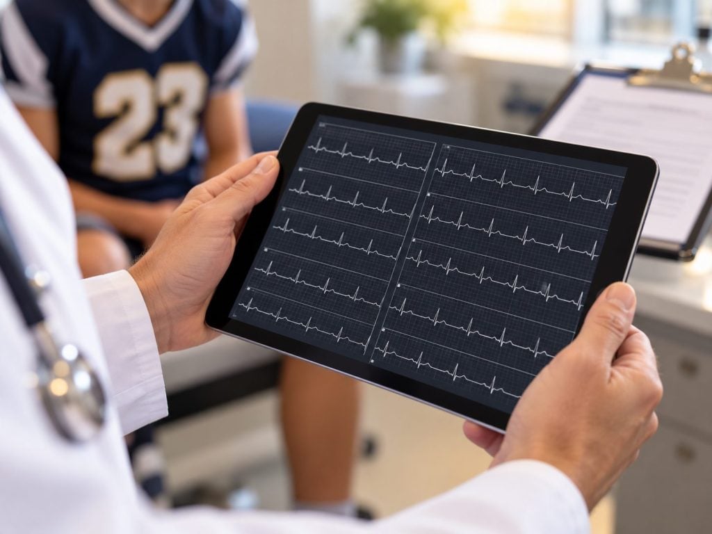 Physician reviewing a student athlete's 12-lead ECG tracing on a tablet.