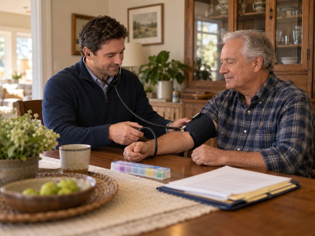 Physician checking an older man's blood pressure at his dining table during a pre-op house call in Gainesville, FL.