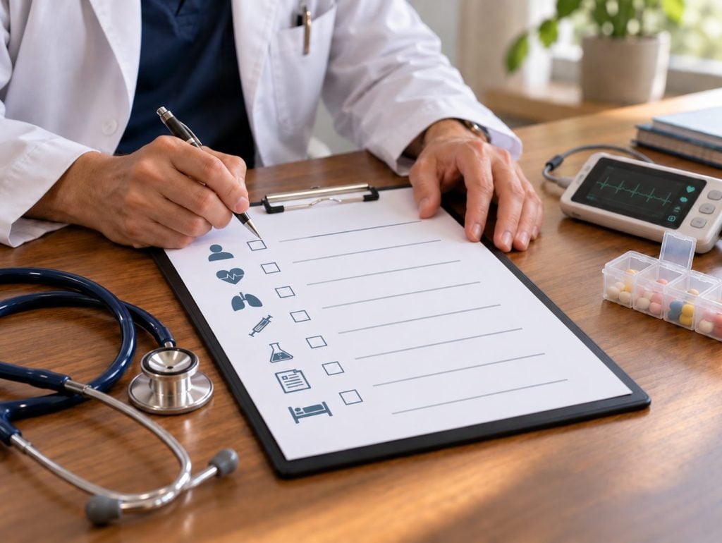 Physician completing a pre-operative evaluation checklist beside a stethoscope and portable ECG monitor.