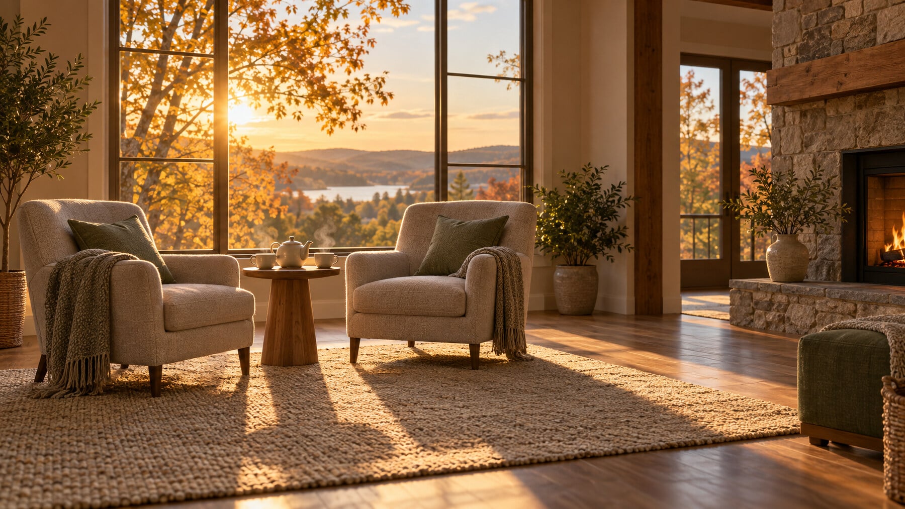 Two cream armchairs with a steaming teapot and two cups between them in a sunlit room overlooking autumn hills, evoking the unhurried visits a smaller primary care panel size allows.