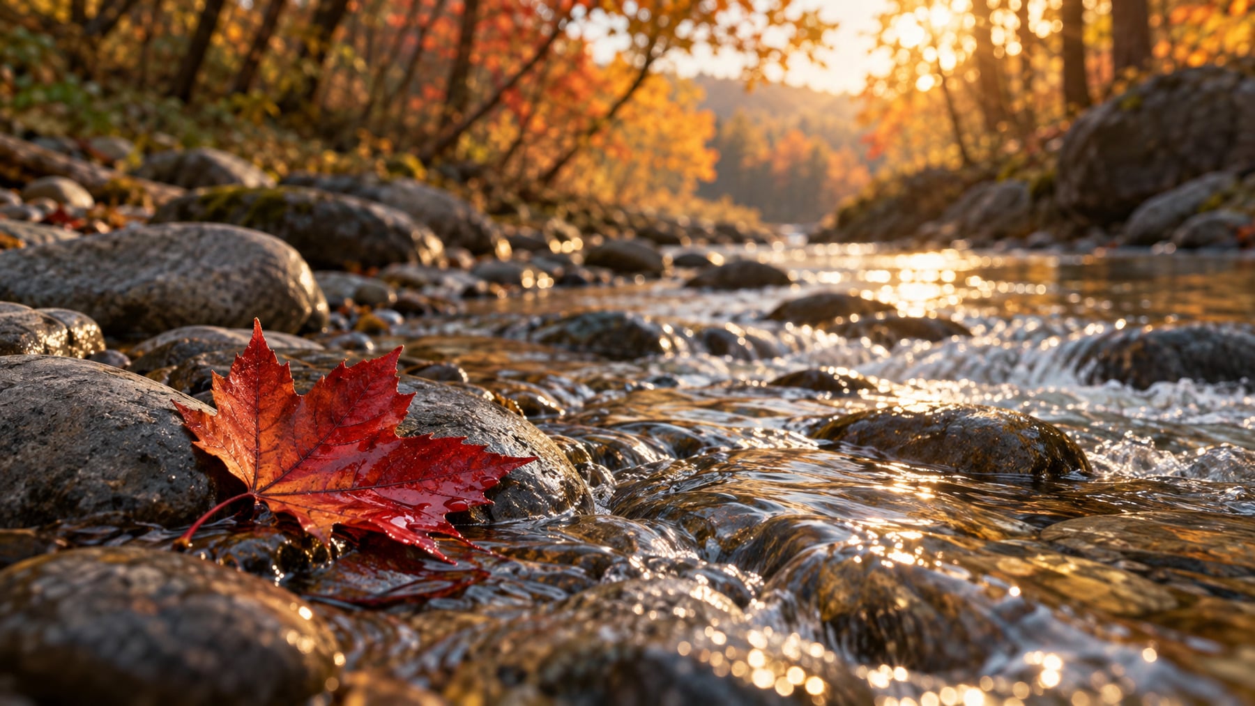 A crimson maple leaf resting on wet river stones beside a sunlit autumn stream, an image for an article on the psoriatic march from skin inflammation to heart disease.