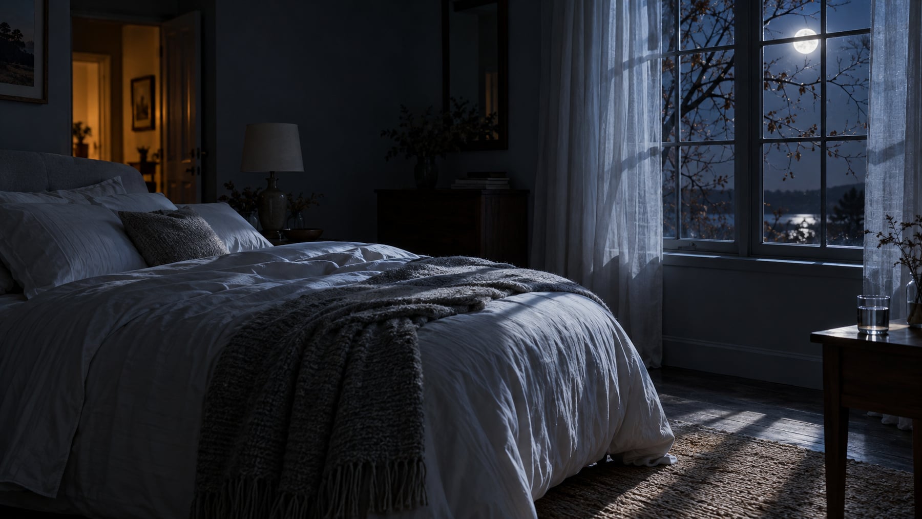 An empty moonlit bedroom at night with white bedding, a knit throw, and a glass of water on the nightstand, illustrating sleep apnea and resistant hypertension.