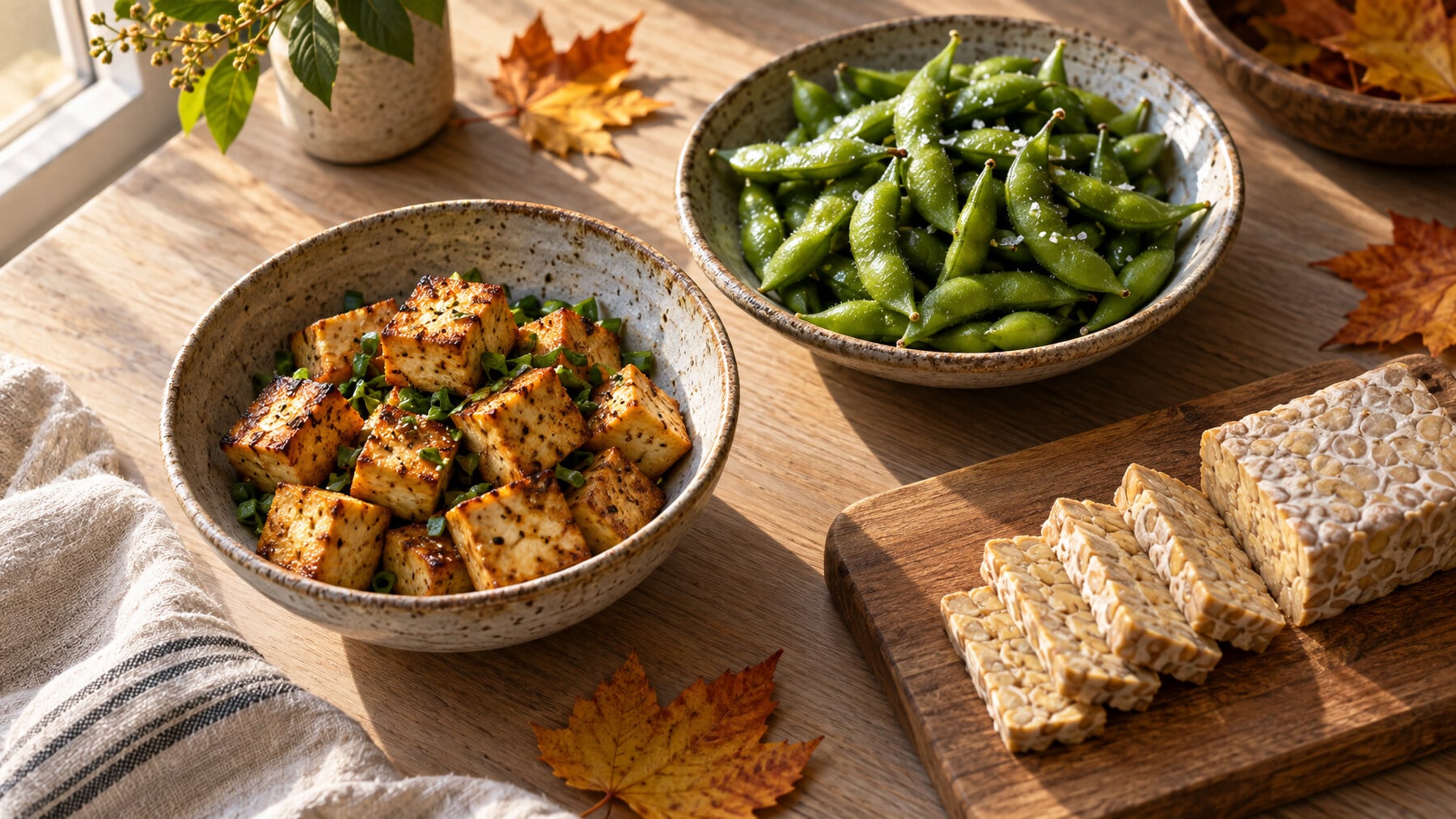 Bowls of seared tofu and edamame beside sliced tempeh on a sunlit wooden table with autumn maple leaves, illustrating soy and breast cancer.