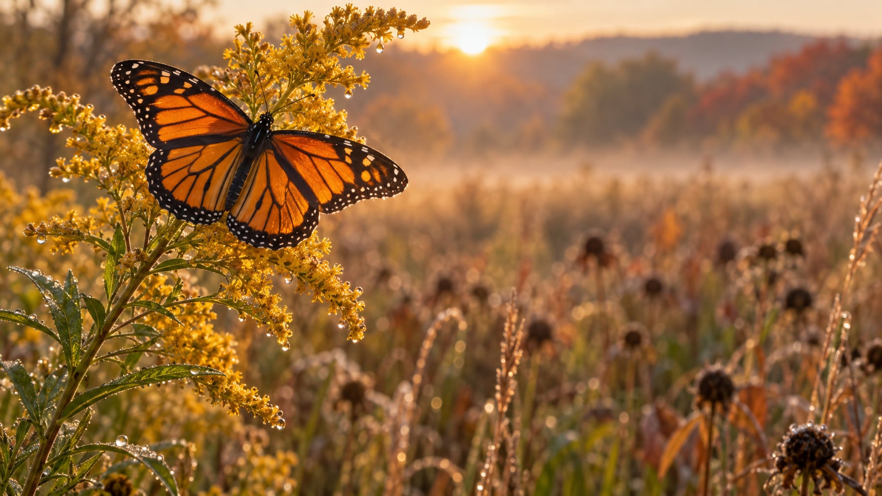 A monarch butterfly with open wings resting on dew-covered goldenrod in an autumn meadow at sunrise, a quiet image for an article on TSH and aging.