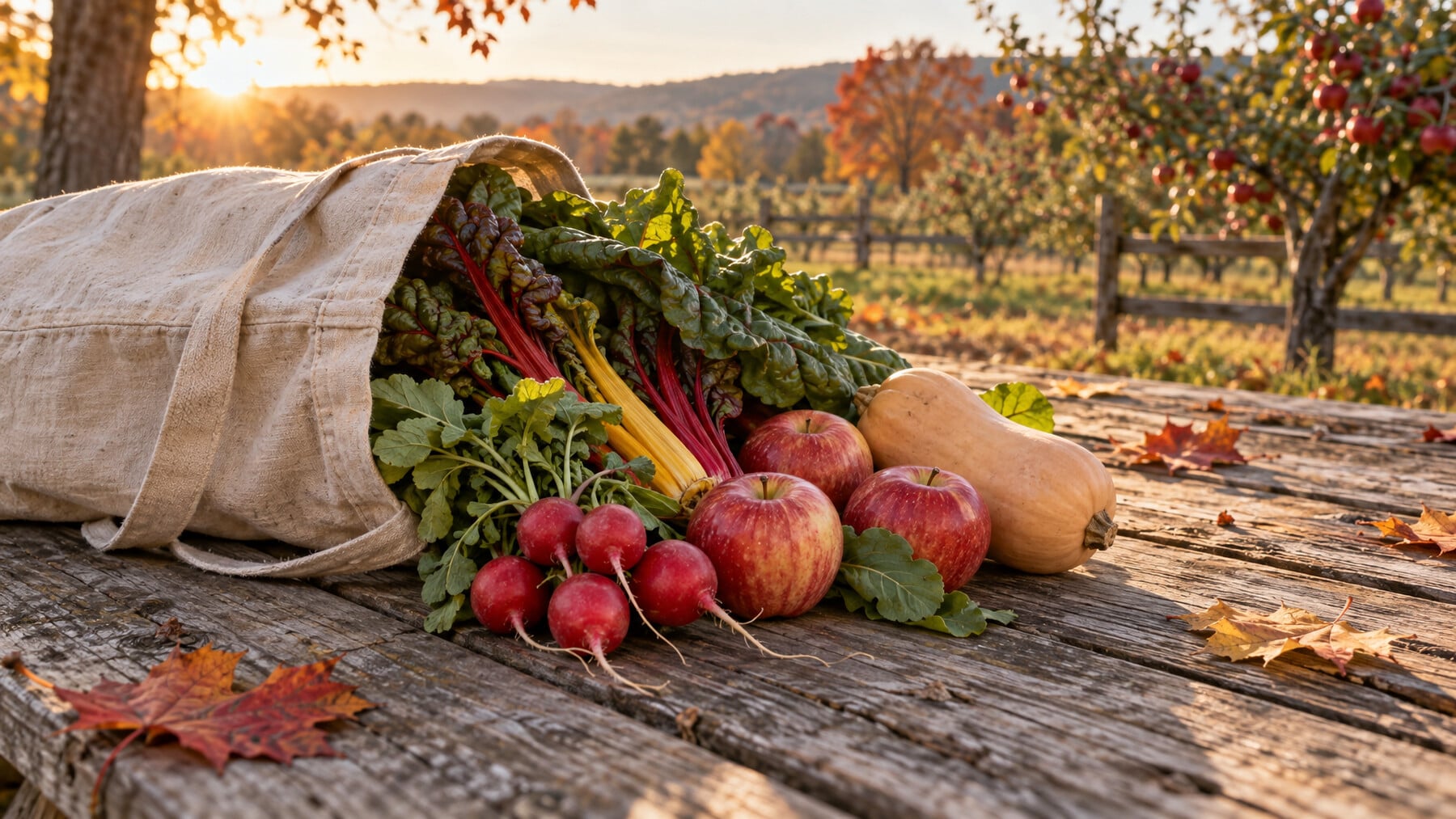 A canvas tote spilling rainbow chard, radishes, red apples, and a butternut squash onto a weathered picnic table beside an autumn orchard, illustrating food choices for weight loss and psoriasis.