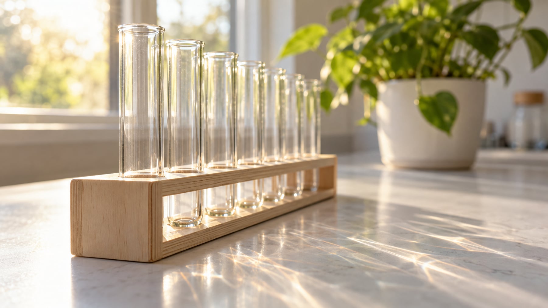 A row of empty clear glass tubes in a pale birch rack on a sunlit white counter, illustrating wholesale lab pricing.